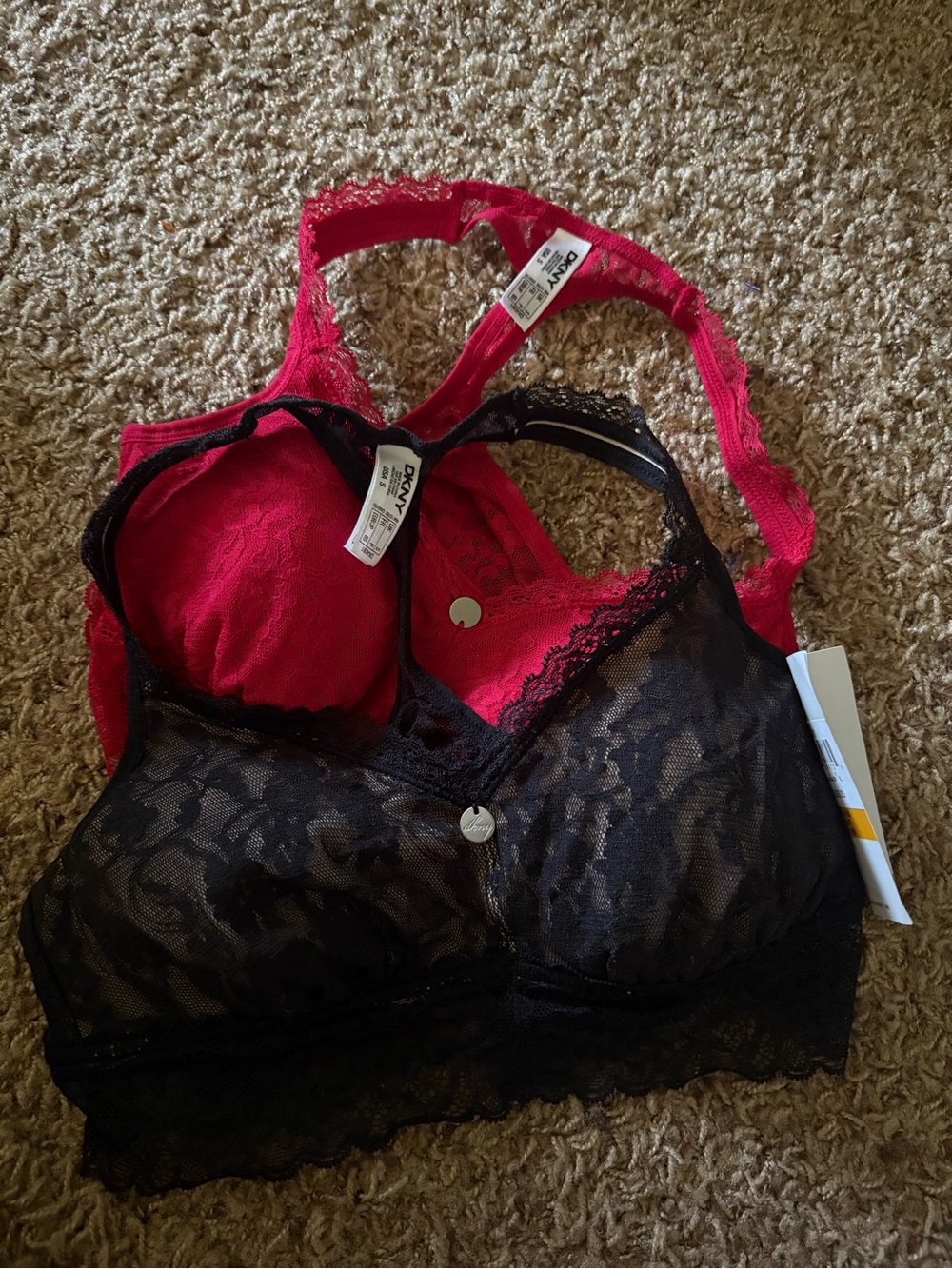 DKNY Lace Racerback Bralettes Set of 2 Small Lace Red and Black Padded